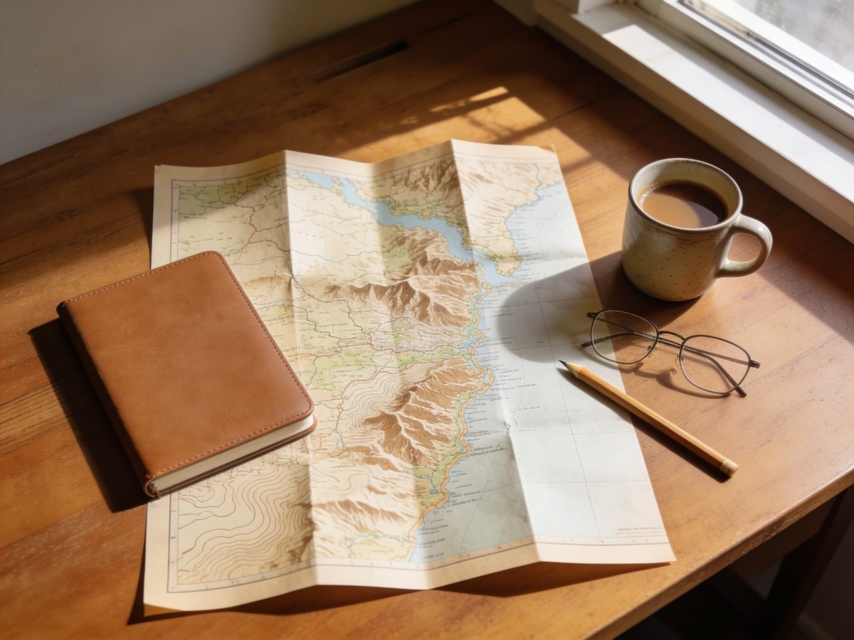 Imagen ilustrativa: escritorio con mapa, libreta y apuntes de una guía de viaje