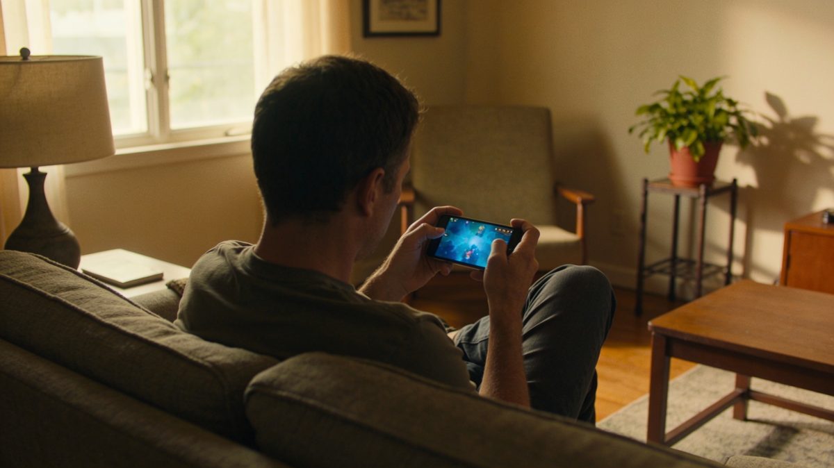 Imagen ilustrativa: persona jugando en línea desde su casa con un teléfono